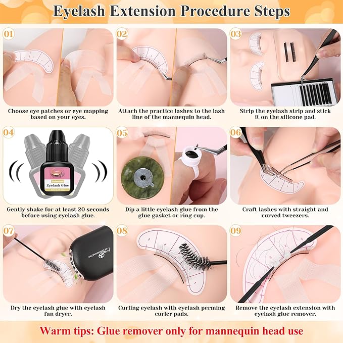 Lashes Kit for Eyelash Extension Beginner Lash Tech Starter Kit with Eye Lash Mannequin Head, Professional Eyelash Extension Kit with Lash Fan, Extension Glue and Eyelash Remover for Practice Training
