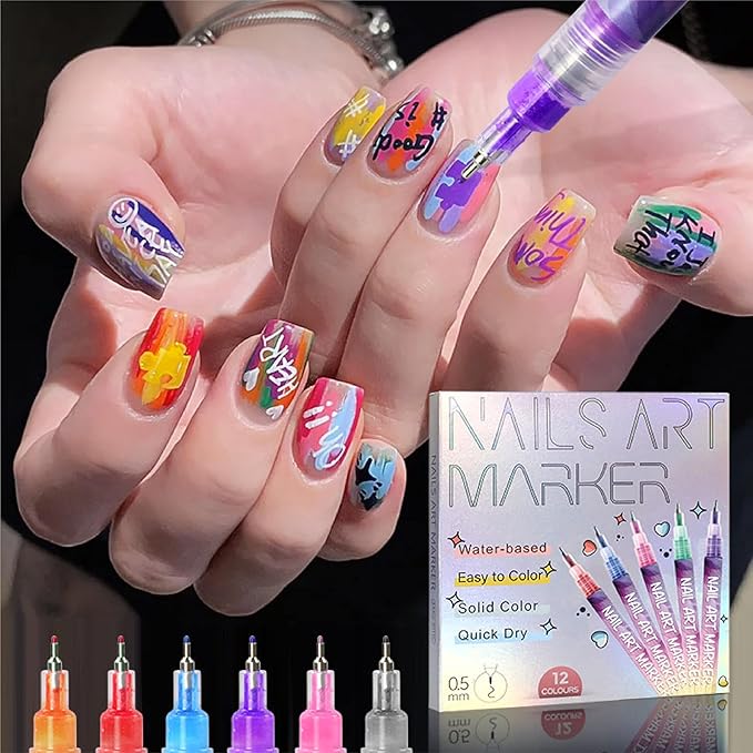 12 Colors Nail Art Pens Set 3D Nail Polish Pens Graffiti Dotting Pen Acrylic Paint Pens Point Liner Pen Drawing Painting for Nails Art Design Manicure Nail DIY Decoration (Laser-12pcs)