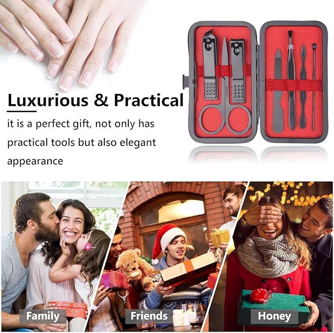 AOMIG Nail Clipper Set 7 pcs Manicure Pedicure Nail Care Kit with Luxurious Leather Case Fingernail Toenail Clippers Portable Stainless Steel Ear Pick Eyebrow Scissors Fingernail File Tweezer Kit