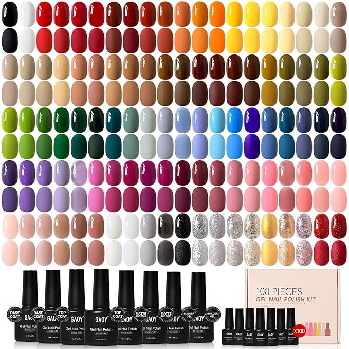 GAOY 108 Pcs Gel Nail Polish Set, 100 Colors All Season Gel Polish Kit Red Nude Black Hot Pink Neon Glitter with 8 Pcs Soak off Base Glossy Matte Top Coat & Builder for Nail Art DIY Manicure at Home