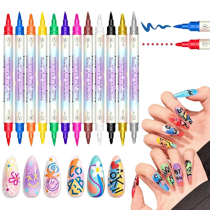 12 Colors Nail Art Pens Set, Dual-Tip Nail Polish Pens, Nail Art Markers, Multifunctional 3D Acrylic Paint Nail Art Marker Pens for Nail Art DIY Point Dotting Graffiti Drawing, Quick-Dry Waterproof