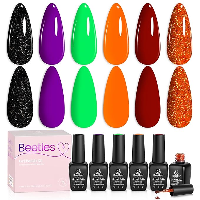 Beetles Gel Nail Polish Set - Hocus Pocus 6 Colors Gel Polish Orange Green Purple Black Red Glitter Colors, Soak Off Nail Lamp UV LED Cured Nail Art Design Manicure Gift for Women