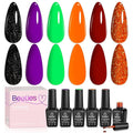 Beetles Gel Nail Polish Set - Hocus Pocus 6 Colors Gel Polish Orange Green Purple Black Red Glitter Colors, Soak Off Nail Lamp UV LED Cured Nail Art Design Manicure Gift for Women