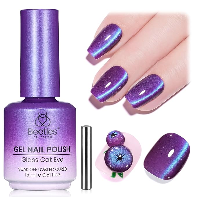 Beetles Mystic Amethyst Purple Cat Eye Gel Nail Polish - 15ML Purple Cat Eye Glitter Spring Gel Polish Magnetic Translucent Glassy Effect Soak Off UV Nail Art DIY Manicure Valentines Gift for Women
