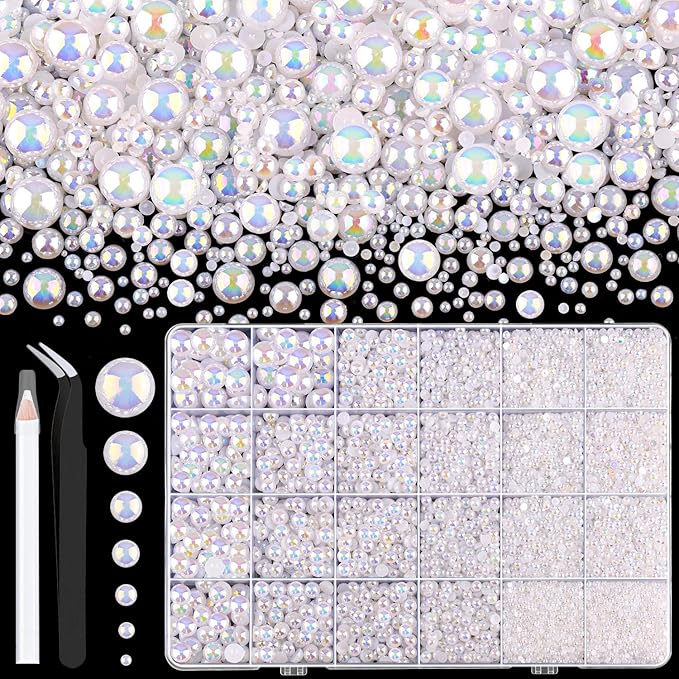 13000Pcs Flatback Pearls for Crafting (White AB), Assorted Size 2/3/4/5/6/8/10mm Non Hotfix Half Pearl, Bedazzling Bead for DIY Crafts Clothing Tumblers Mugs Shoes Fabric Embellishment Nail Art Makeup