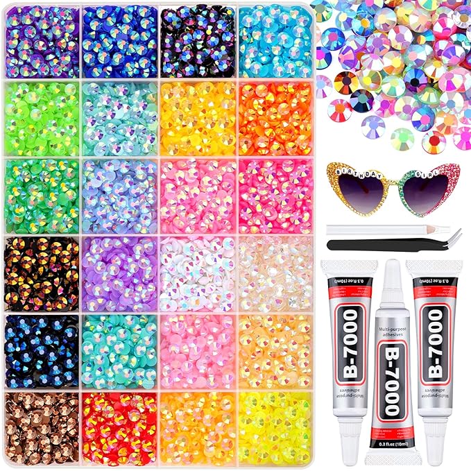6600Pcs Mixed-Color Resin Rhinestones with B7000 Jewelry Glue for Crafting, 5mm Non Hotfix Flatback Gems, Bedazzling Crystal for DIY Crafts Clothing Tumblers Mugs Shoes Fabric Decor Nail Art