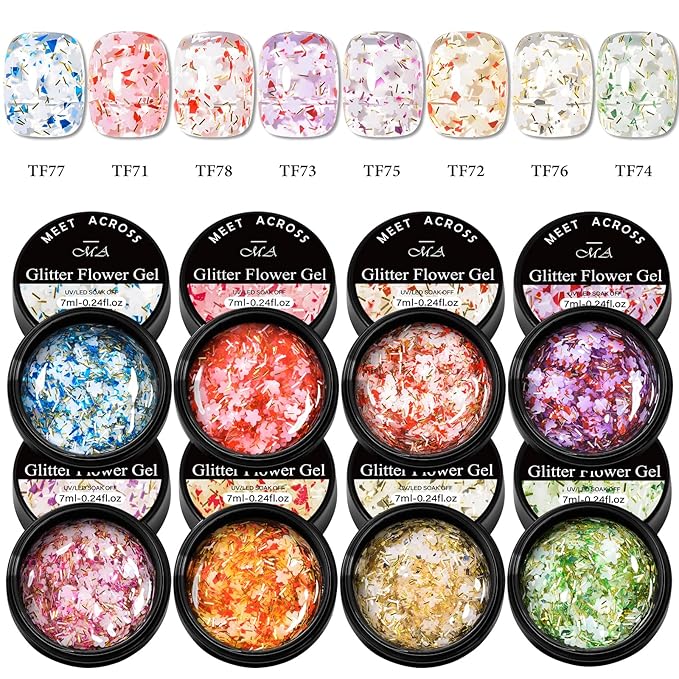 MEET ACROSS 9Pcs Glitter Gel Nail Polish Set Petal Gel Polish Kit with 1Pc Nail Brush, Soak Off Nail Art Design Salon at Home DIY Manicure Kit Gifts for Women Girls 8 Colors