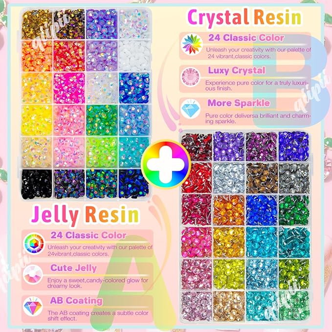 48 Color 6mm SS30 Jelly AB & Crystal Colorful Resin Rhinestones for Bedazzling Crafting Flatback Stones Gems Diamonds Bedazzler Kit for Nails Eyes Face Makeup Tumblers Bottles DIY Crafts Shoes