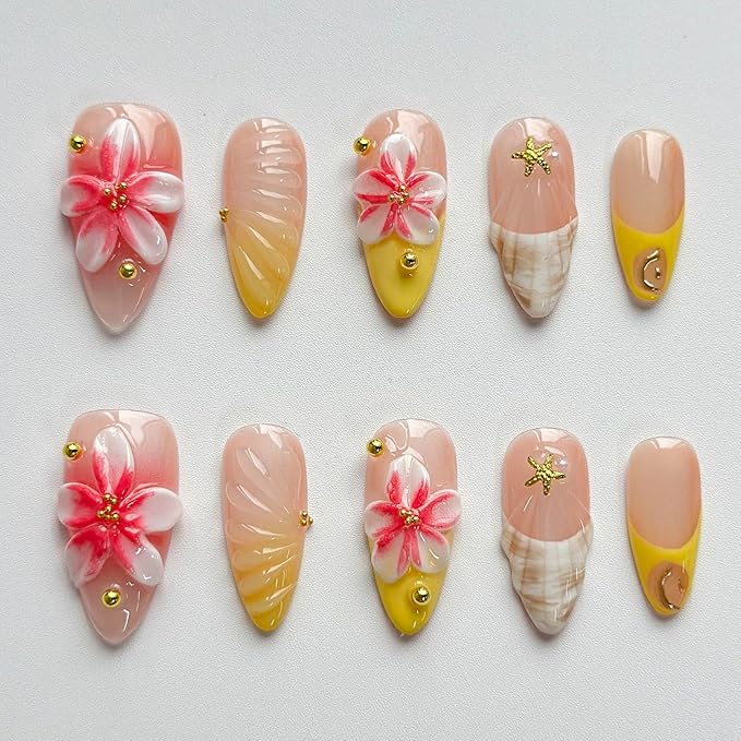 Luxury Press on Nails Medium Almond Handmade 3D Unique Reusable ABS Material Fake Nails French Tip Yellow False Nails with Designs Pink Flower Glossy Glue on Nail Thick Acrylic Nail(S)