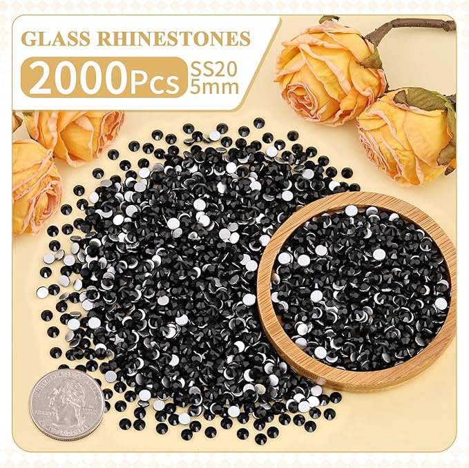 2000PCS SS20/5mm Crystal Rhinestones (Jet Black), Bedazzling Flatback Glass Rhinestones for Crafting, Gems Diomand Charms for Tumbler Shoes Clothing Mugs Nail Art