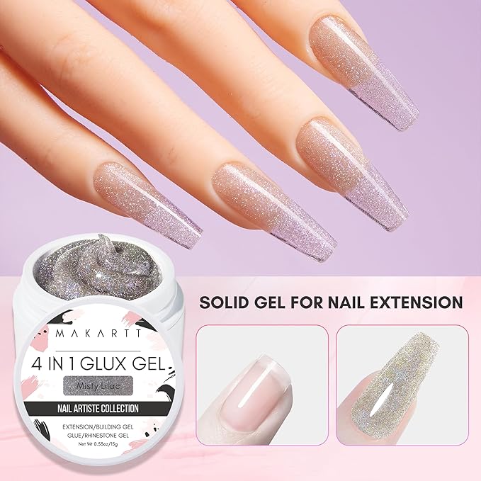 Makartt 3D Gel Nail Art: Solid Builder Nail Gel, Non-stick to Hands Extension, UV Glue for Acrylic Tips Rhinestones Adhesives 4 in 1 Hard Gels Molding for Nails UV/LED Lamp Required 15ML Misty Lilac
