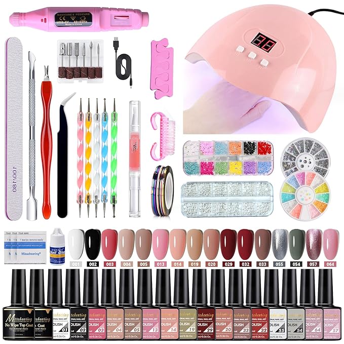 Misscheering Professional Nail Art Kit with UV LED Lamp, Electric Nail Drill, 18 Gel Polish Colors, Manicure Tools, Rhinestones for Home Salon (35-piece nail art set)