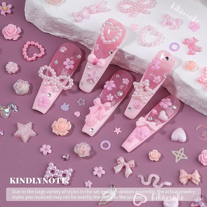 400Pcs Pink Nail Charms Kit, 3D Nail Gems and Rhinestones Flatback Pearls Mixed Shape Set, Heart Rabbit Butterfly Flower Bow Acrylic Resin Nail Art Decorations DIY Craft (Pink)