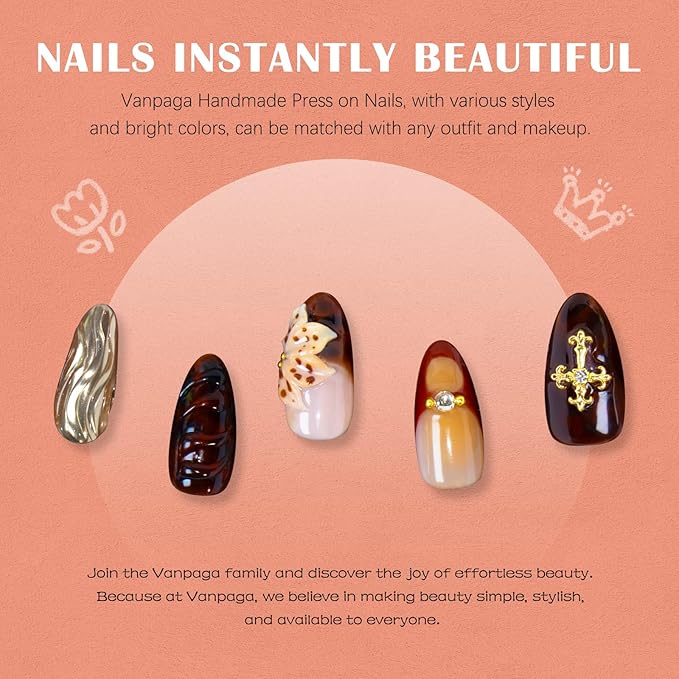 Vintage Luxury Handmade Press On Nails – Glossy Amber False Nails with 3D Carved Flower, Cross Charms & Rhinestones, Reusable Stick on Sculpted Nails for Women (Size M)