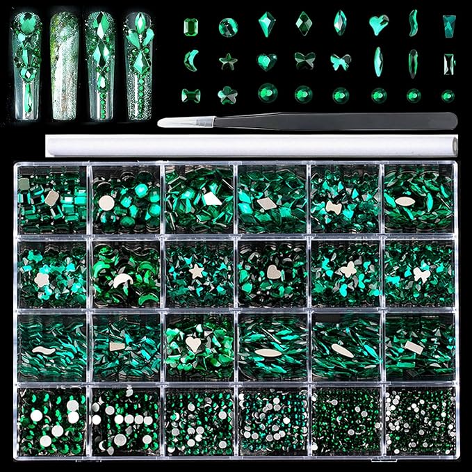 Nail Rhinestones Kit, 18 Types of 900 Special-Shaped Nail Diamonds + 3200 Flat-Bottomed Nail Rhinestones, Green Nail Crystal Rhinestones for Manicure