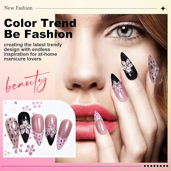 Flower Nail Stickers for Nail Art - 5D Embossed Hibiscus Nail Decals, 3 Sheets Self-Adhesive Pink White Lily Hibiscus Tropical Floral Summer Spring Flower Nail Designs Decor for Women Girls 807-11