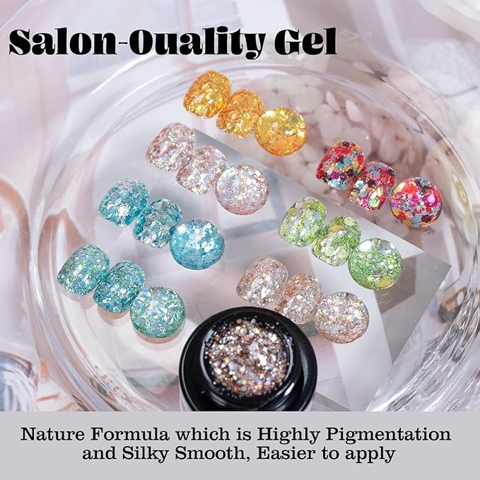 ADHERE Glitter Sequins Gel Nail Polish Set, 7 Colors Holographic Sparkle Sequins Gel Polish with Brush,Silver Champagne Gold Manicure Diy Nail Art Soak Off UV LED for Home Salon