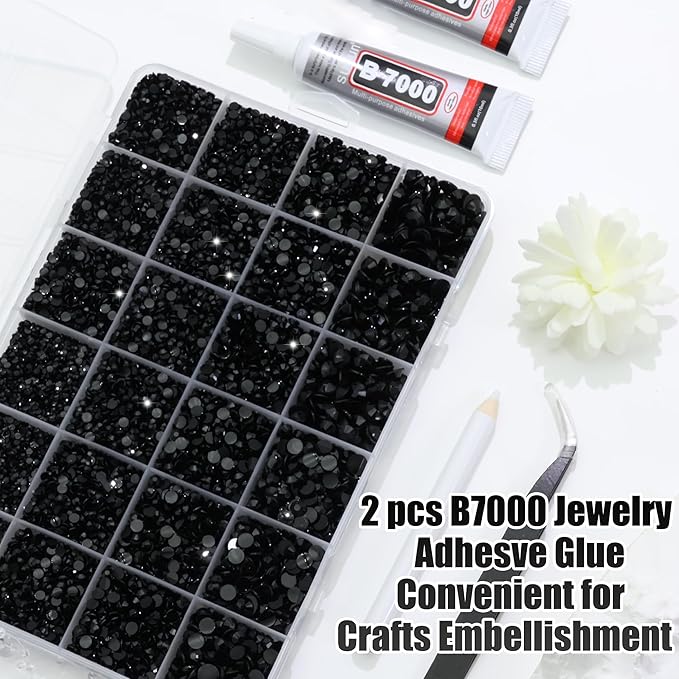 RODAKY 30000PCS Black Rhinestone Flatback Resin Gems for Bedazzling Crystal Rhinestone Beads Jewels 2Pcs 10ml B7000 Glues Tweezers Dotting Pen for DIY Crafts Clothing Shoes Nail Art
