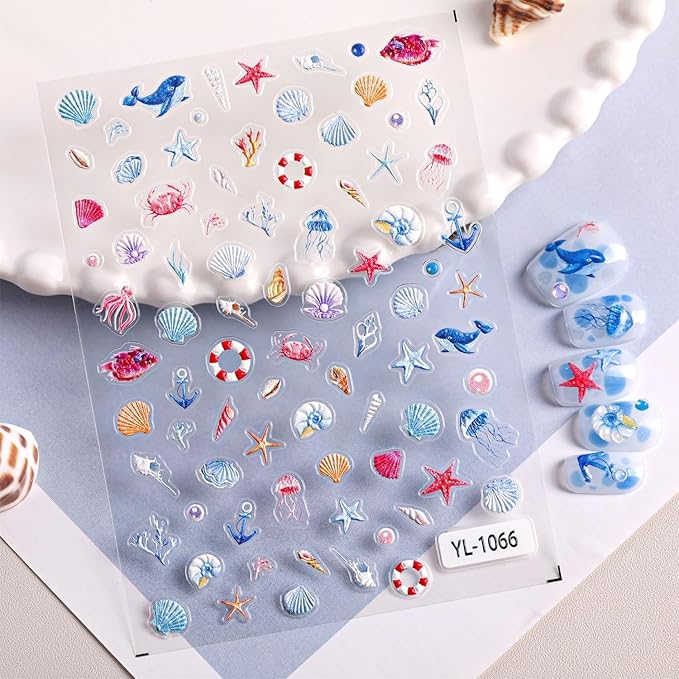 5 Sheets Summer Series Nail Stickers Embossed Nail Art Stickers Swimsuit Nail Decals with Swimming Ring Ice Cream Designs Cute Ocean DIY Self-Adhesive Nail Art Supplies