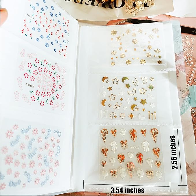 Zoance 102 Sheets Nail Art Stickers & Storage Book,5200 Pieces 3D Self-Adhesive White Floral Nail Stickers with Rhinestones Designs,Multicolor Laser Gold Nail Decals for Women DIY Manicure Decorations