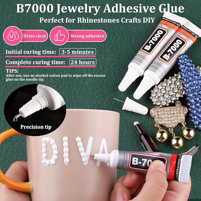 Resin Rhinestones for Crafting with B7000 Jewelry Glue, 2 Boxes White Flatback Crystals with 3Pcs 10ml Glue for Bedazzling Crafts DIY Nail Art Makeup，Non Hotfix Gems for Clothing Shoes