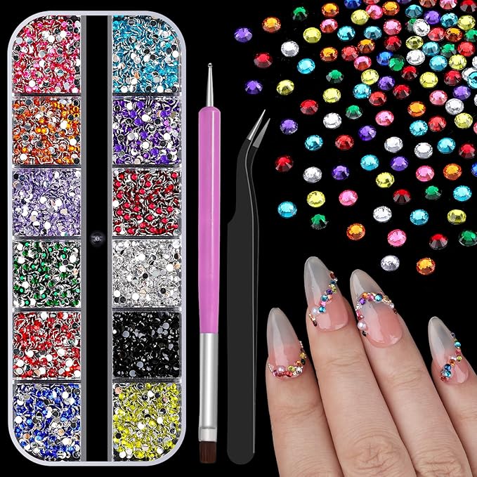 4000pcs 2mm Flatback Nail Art Rhinestones, Resin 3D Sparkling Nails Crystal Diamonds Gems Mini Charms with Tweezers and Dual-end Brush for Nail Art, Crafts Artwork DIY, Face Makeup Gems Jewels (6-K1)