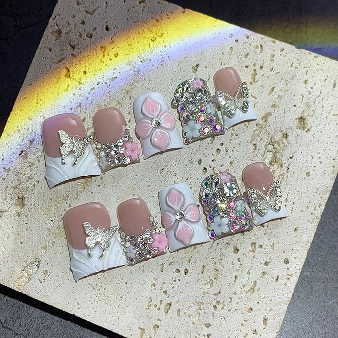 Handmade Press on Nails French Tip Fake Nails with Glue 3D Butterfly Duck False Nails with Designs Acrylic Nails Press Ons Sparkly Artificial Glossy Stick on Nail for Women 10Pcs (Size M)