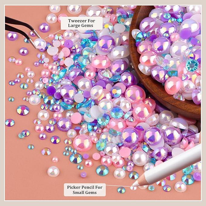 80g Flatback Pearls and Rhinestones for Crafting, Pink Purple 3-10mm Resin Rhinestones and Half Pearls for Bedazzling, Nail Art and Dec with 3pcs 10ml B7000 Jewelry Glue, Tweezer and Pickup Pencil