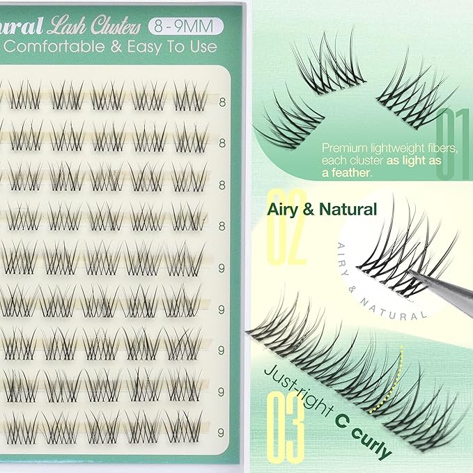 Short Lash Clusters 8-9MM Natural Eyelash Clusters Invisible Band Cluster Eyelash Extensions Wispy Cluster Lashes C Curly Individual Lashes 90PCS DIY Lash Extension by Lvmixwig