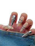 Euphrosyne Silver Chrome Stiletto Press On Nails – 10pcs Long Fake Nails with 3D Gothic Cross Charms | Edgy Metallic Punk Nails for Women, Statement Look for Party or Photoshoot