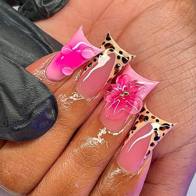 Leopard Print French Tip Press On Nails Pink Fake Nails Medium Duck False Nails with Design Flower Glossy Stick On Nails for Women Reusable Artificial Acrylic Full Cover Manicure 24Pcs