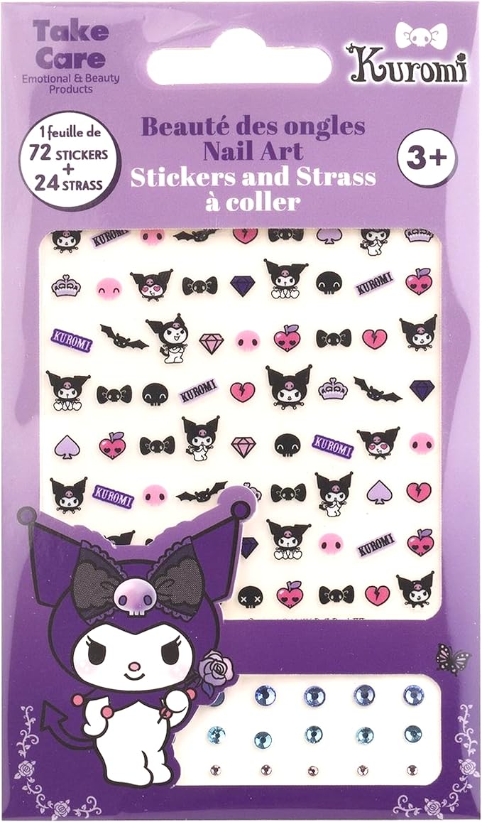 Kuromi Nail Stickers – 1 Sheet with 72 Stickers + 24 Rhinestones – Self-Adhesive Nail Art for Girls – Fun Activity & Gift Idea for Birthdays, Crafts, Party Bags and Playdates