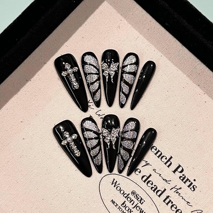 Black and Silver Press On Nails, Butterfly Design Cat Eye False Nails Set, Long Stiletto Shape, Handmade Gothic Glamorous Manicure, 10 Pieces (Small, LS)