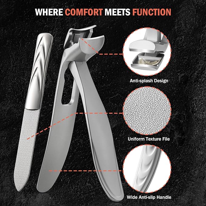 BEZOX Toenail Clipper for Seniors - Angled Toe Nail Clippers for Thick Nails for Seniors, Ergonomic Fingernail Clipper with Metal Nail File - Silver