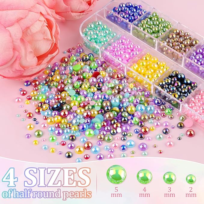 Flatback Pearls for Crafting with 3Pcs 10ml B7000 Jewelry Glue, 1 Box of Half Round Colorful AB Pearls, Bedazzling Beads for DIY Crafts Clothing Tumblers Shoes Embellishment Nail Art