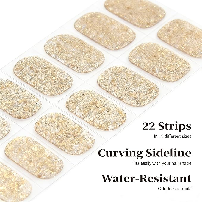 Semi Cured Gel Nail Strips Gold Glitter Nail Strips with UV/LED Required Long Lasting Gel Nail Stickers Includes 22 Strips 2 Prep Pads, Nail File & Wooden Stick