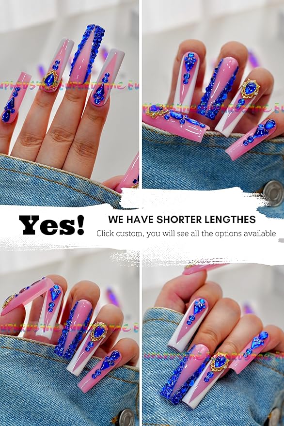 10PCS Pink and Blue Rhinestone Press On Nails – Long Coffin Fake Nails with Large Gem Charms & Glitter Accents, Glossy Reusable Luxury Party Nails for Women and Girls – Euphrosyne