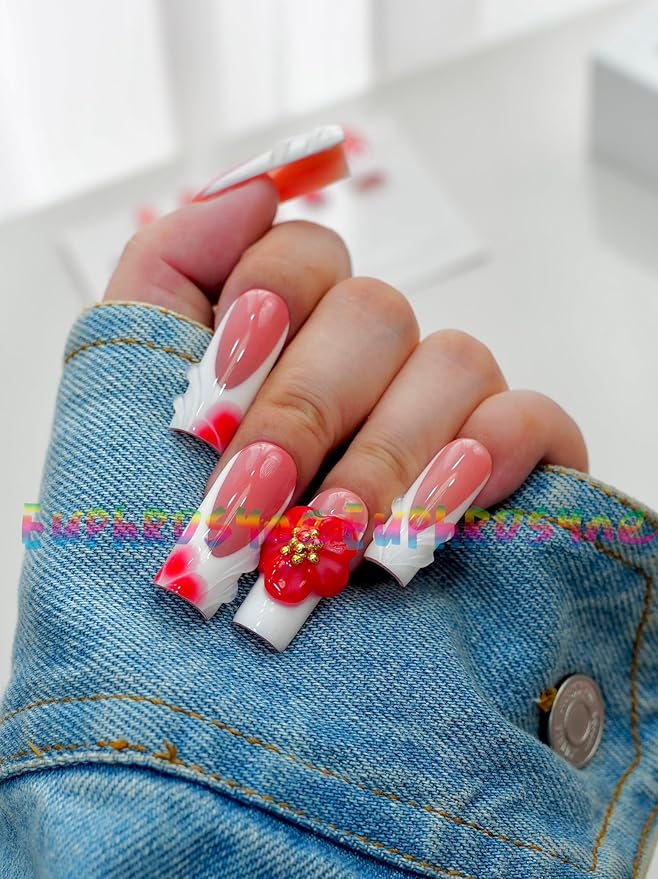 10PCS Red and White Press On Nails – Short Coffin Fake Nails with Swirl Design and 3D Flower Charms, Glossy Reusable Cute Nails for Women and Girls – Euphrosyne