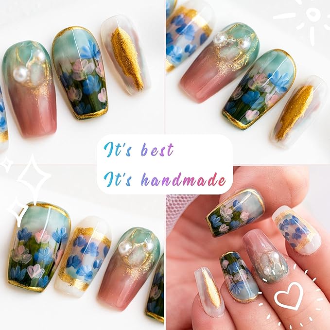Sun&Beam Nails Handmade Press On Nail Medium Long Coffin Ballerina Green Flower Painting Fake Tip 3D Design Art Charms Cute with Storage Box 10 Pcs (#013 L)