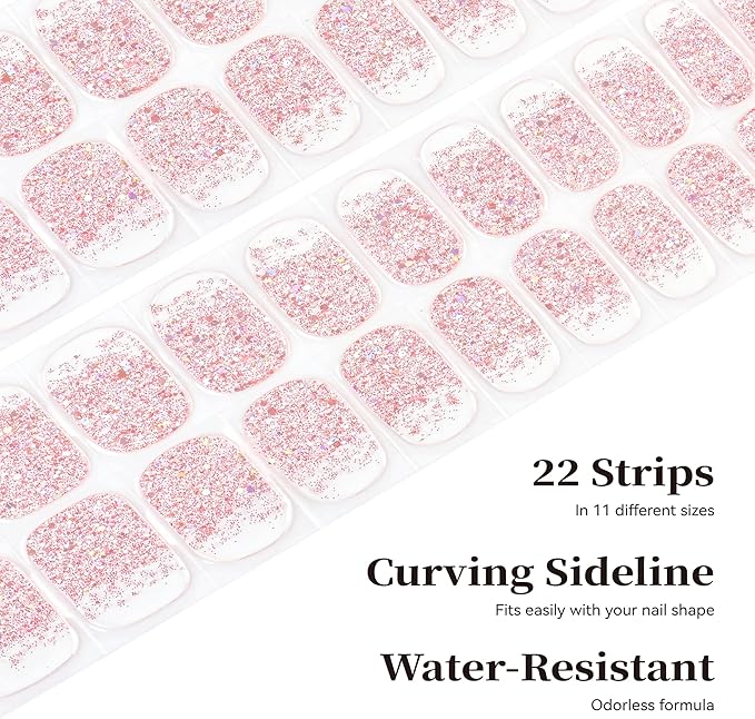 Semi Cured Gel Nail Strips Pink Glitter Nail Strips with UV/LED Required Long Lasting Gel Nail Stickers Includes 22 Strips 2 Prep Pads, Nail File & Wooden Stick