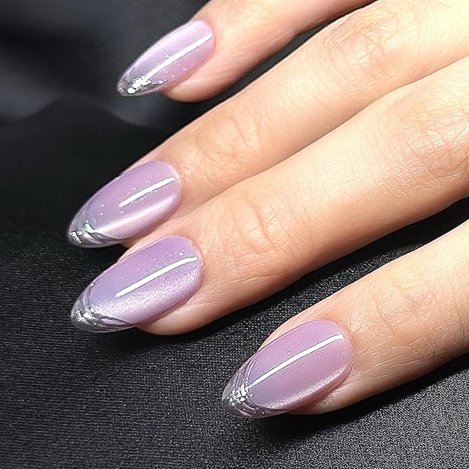 Press On Nails Short Almond Cat Eye Purple Light with Silver Glitter French Tip| Reusable Soft Gel Nails in 12 Sizes 24 Nail Kit with Glue|Designed in L.A, Handmade in Vietnam|Velvet Twilight