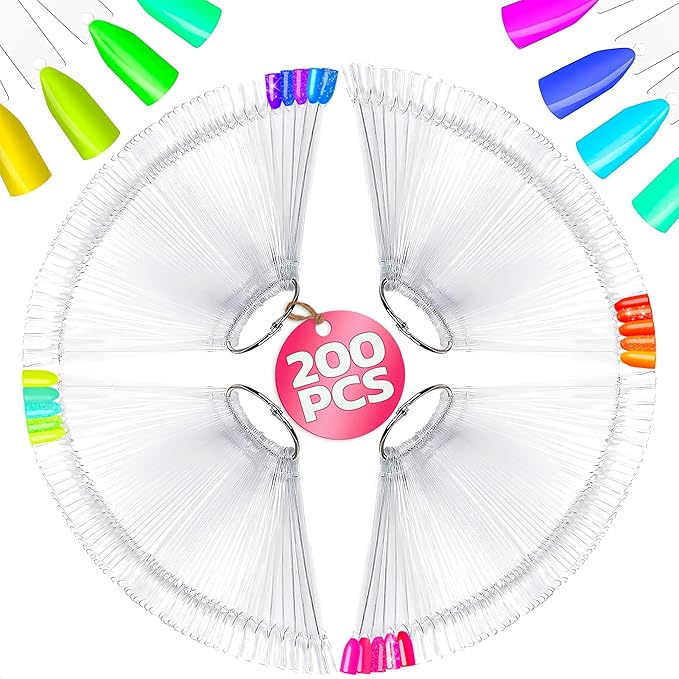 200 Pcs Nail Swatch Sticks - Clear Swatches for Gel Polish - Transparent Acrylic Practice Tips with Metal Rings | Suitable for Adding Designs, Rhinestones, Charms and Nail Art Striping Tape Lines
