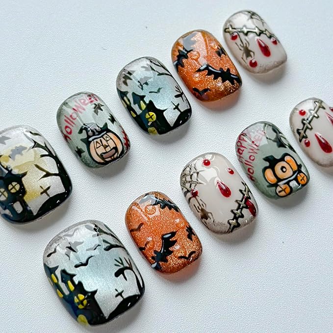 Luxury Halloween Press on Nails Short Square Handmade 3D Unique Reusable ABS Material Fake Nails Cute False Nails with Designs Pumpkin Spider Web Glossy Glue on Nail Thick Acrylic Nail(S)
