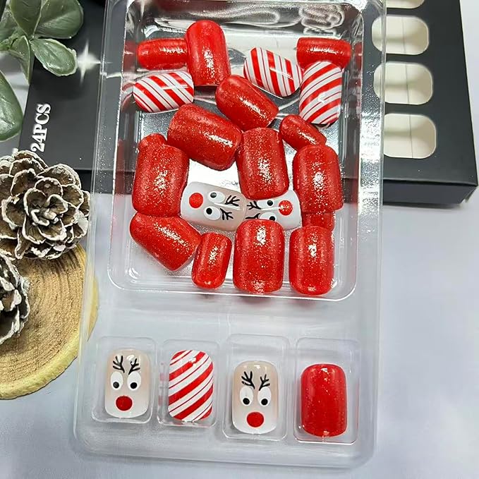 Christmas Press on Nails Short Square Fake Nails with Cute Elk Designs Red Glitter Xmas False Nail Winter Acrylic Stick on Nail for Women 24 Pcs