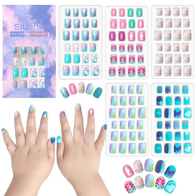 SIUSIO 120Pcs 5 Pack Children Acrylic Fake Nails Press on Pre-glue Full Cover Glitter Gradient Color Short False Nail Art Kits Sets Great Christmas Gift for Kids Little Girls - Mermaid Beach