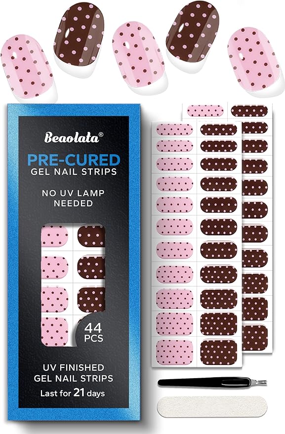 Real Gel Nail Strips (No UV Light Needed) - 44Pcs Salon Quality Nail Stickers - Long Lasting Polish Wraps for Women, Easy Apply & Remove (Pink Cocoa Pop)