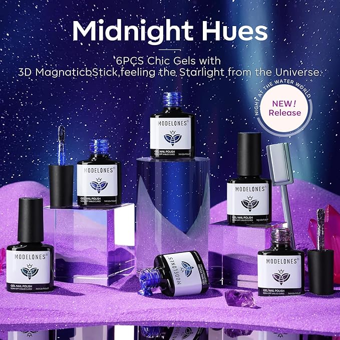 modelones Cat Eye Gel Nail Polish 6 Colors Winter Black Blue Purple Glitter Gel Nail Polish Dark Blue Chameleon Sparkle Shimmer Polish with Magnet Soak Off Led Nail Art DIY Salon Gifts For Women