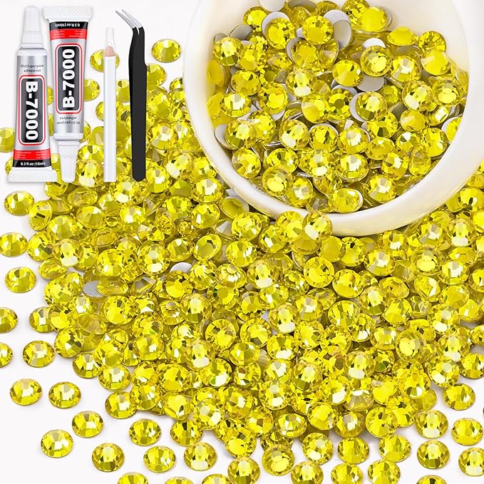 600PCS SS30/6mm Crystal Rhinestones (Lemon Yellow) with 2Pcs 10ml B7000 Jewelry Glue, Bedazzling Flatback Glass Rhinestones for Crafting Decor, Gems Diomand Charms for Tumbler Shoes Clothing Nail Art