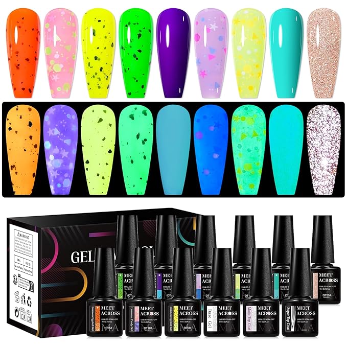 MEET ACROSS 9 Colors Gel Nail Polish + 3PCS Function Gel Nail Polish Kit,Fashion Nail Art Set Design Gifts for Women Manicure Salon (SET15, 12pcs)