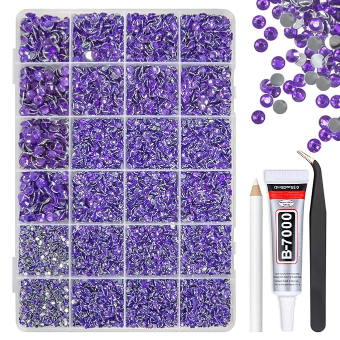 Dark Purple Crystal Resin Rhinestones w B7000 Glue for Bedazzling Crafting 2mm-6mm Flatback Stones Diamonds Crystals Gems Bedazzler Kit for Nails Face Eyes Makeup Tumblers Bottles Crafts Shoes